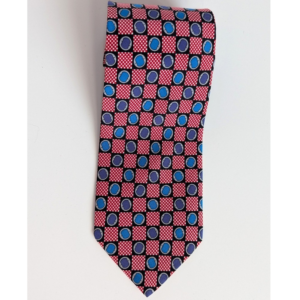 Oleg Cassini Mens Silk Tie Red Blue Geometric Checkered Handmade in Italy 57 x 4 - Picture 2 of 6